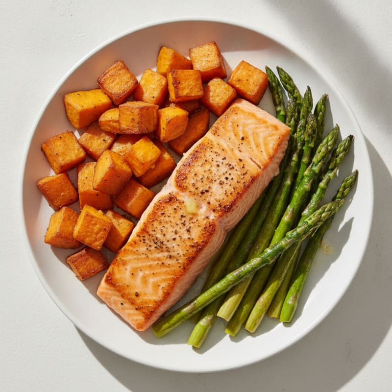 Seared Salmon with Roasted Sweet Potatoes and Asparagus