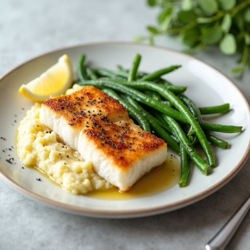 Seared Cod with Steamed Green Beans and Cauliflower Mash