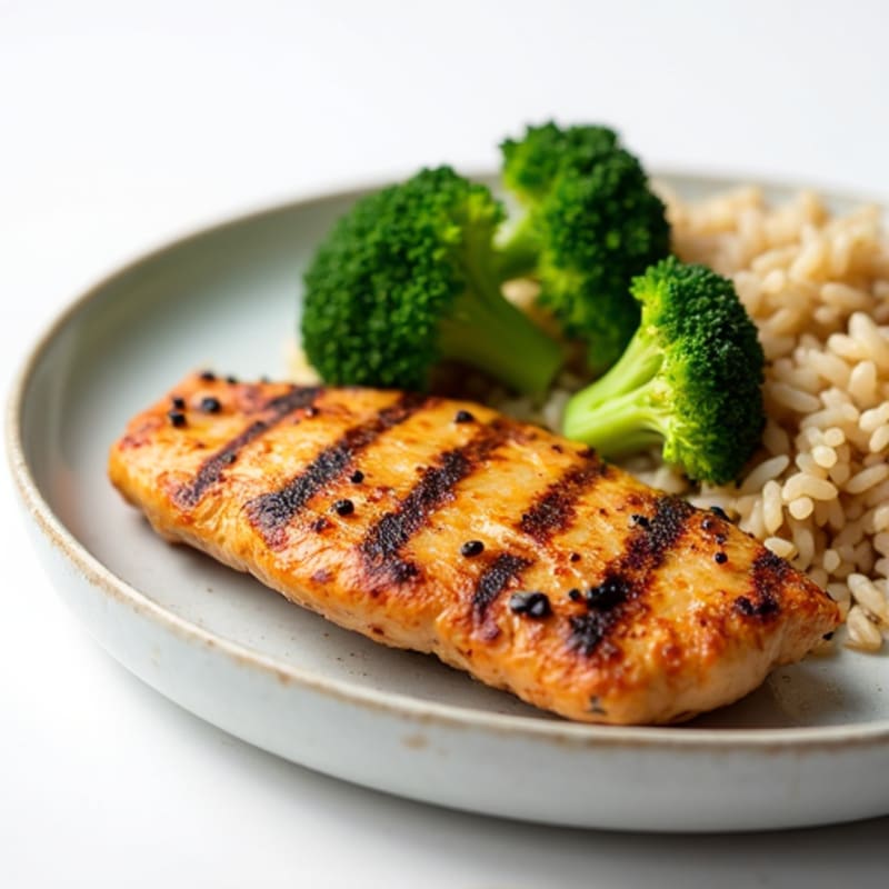 Grilled Chicken Breast with Steamed Broccoli and Brown Rice