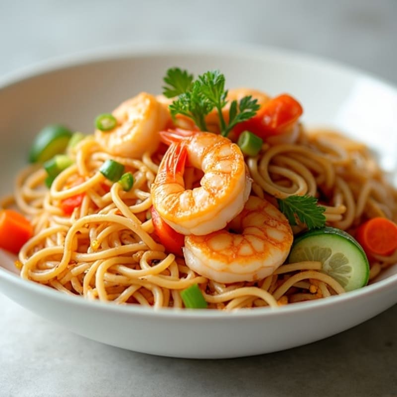 Shrimp with Tangy Peanut Rice Noodles and Crisp Vegetables