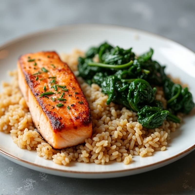 Seared Salmon with Garlicky Sautéed Spinach and Brown Rice