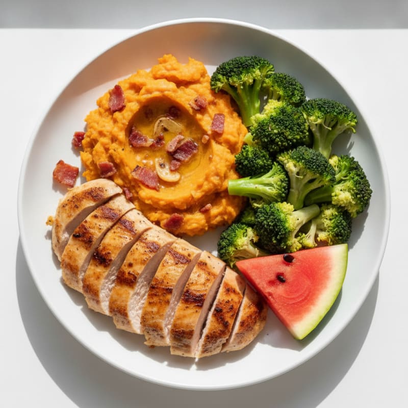 Seared Turkey Breast with Steamed Broccoli and Garlic Sweet Potato Mash