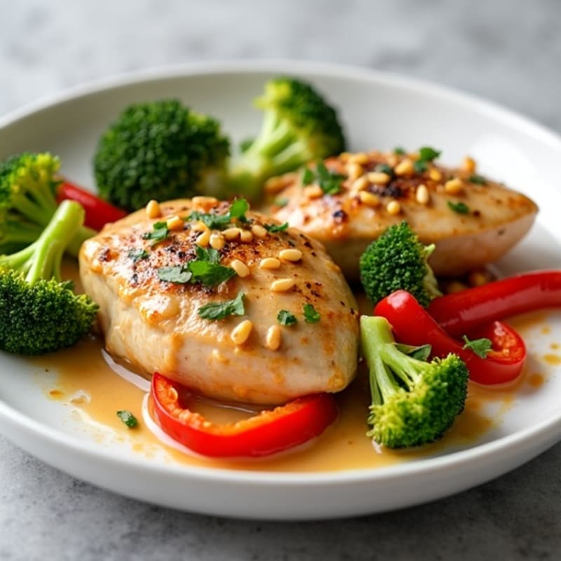 Creamy Peanut Chicken with Roasted Broccoli and Bell Peppers