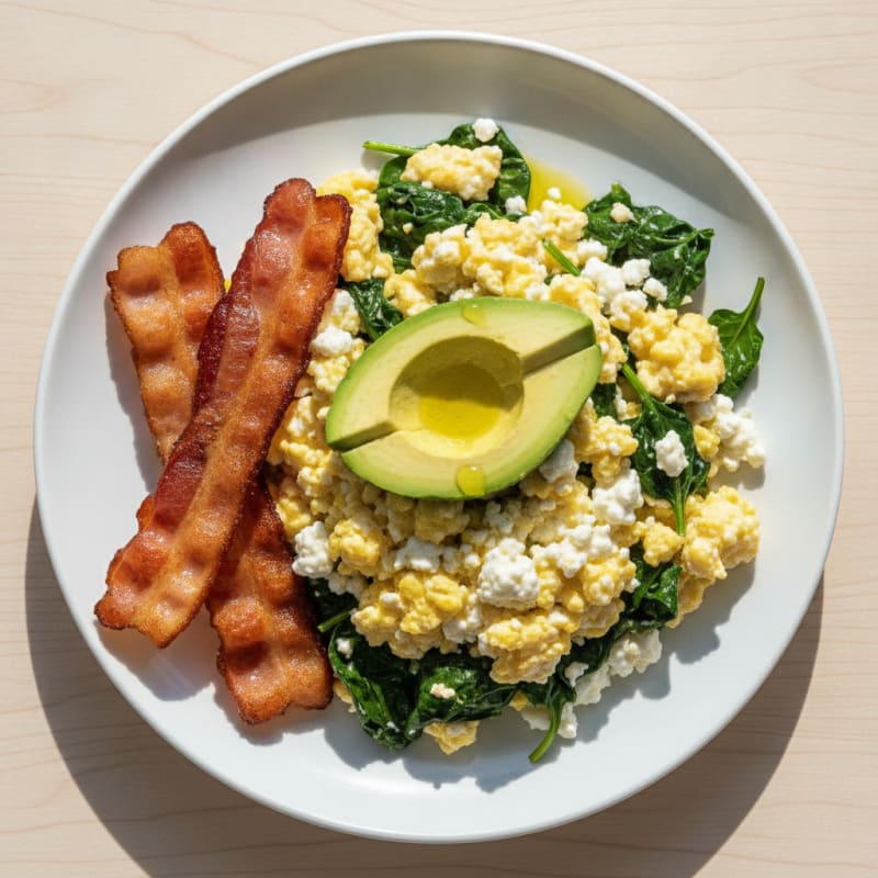Cottage Cheese and Egg Scramble with Sautéed Spinach and Turkey Bacon