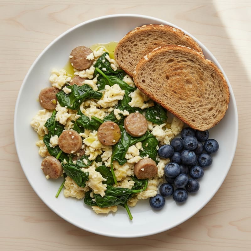 Egg White and Turkey Sausage Scramble with Sautéed Spinach