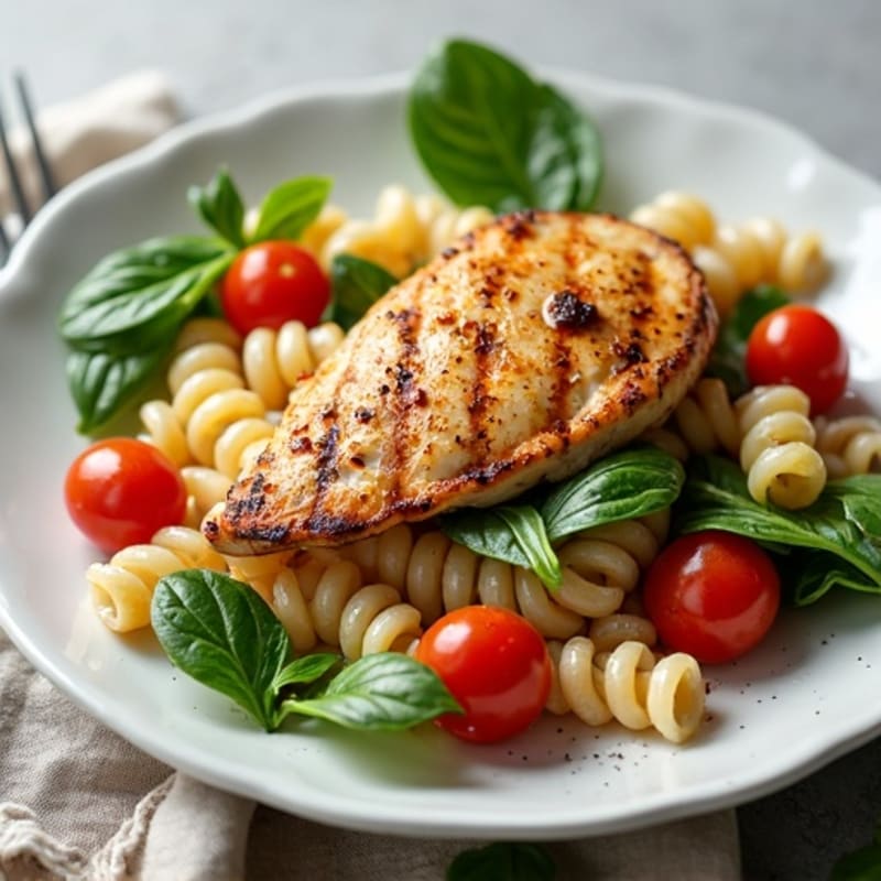 Grilled Chicken Pasta Salad with Spinach and Cherry Tomatoes