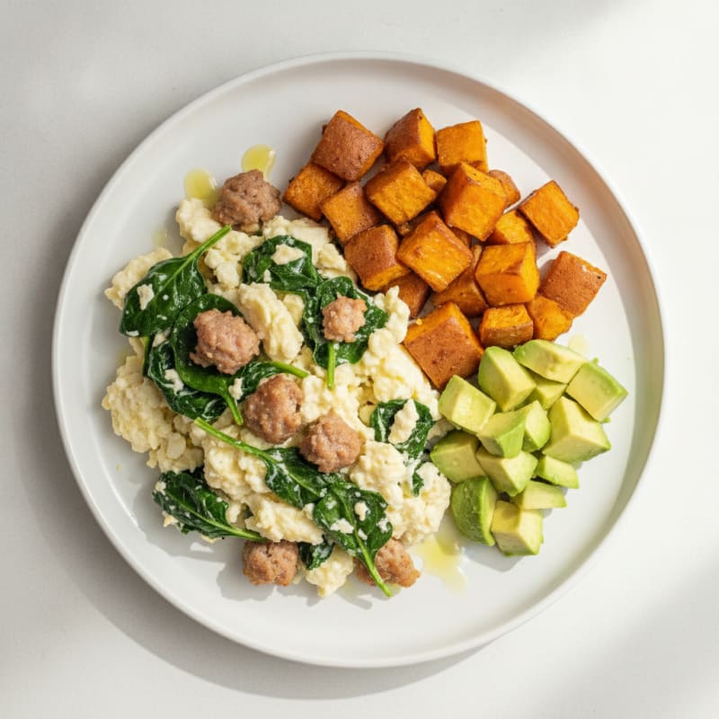 Egg White Scramble with Turkey Sausage and Spinach