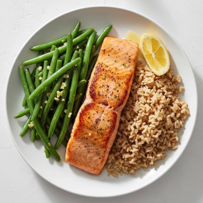 Seared Salmon Filet with Garlic Green Beans and Brown Rice