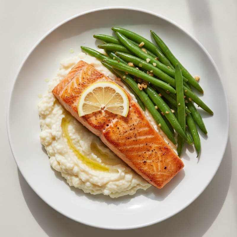Seared Salmon Fillet with Garlic Green Beans and Cauliflower Mash