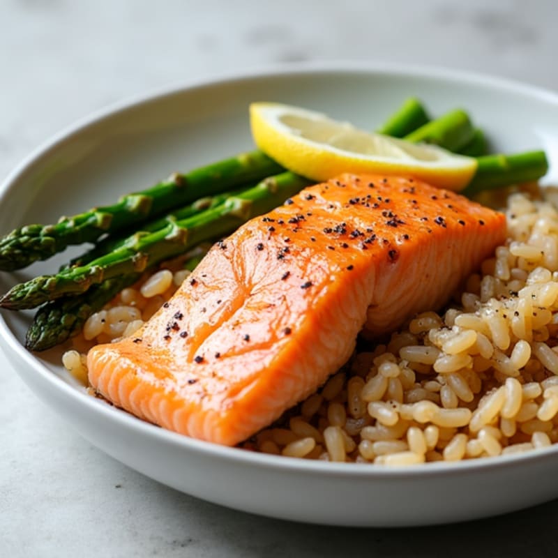 Baked Salmon with Roasted Asparagus and Brown Rice