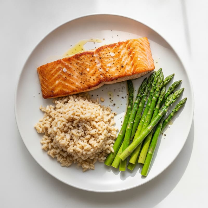 Seared Salmon with Steamed Asparagus and Brown Rice