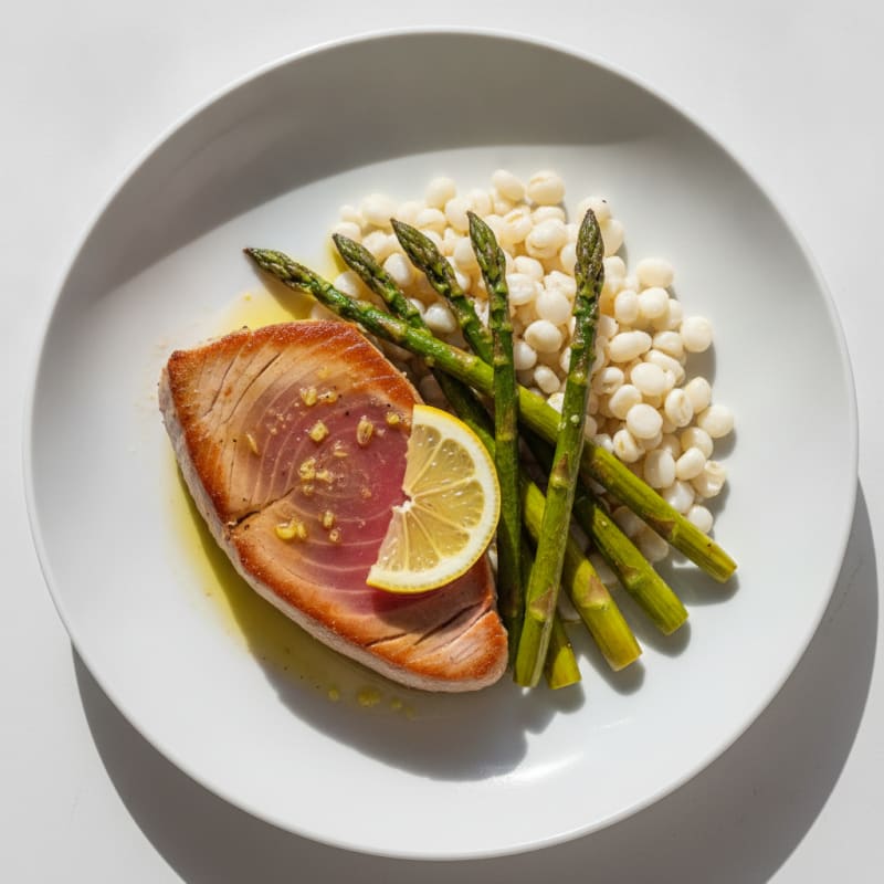 Seared Tuna with Steamed Mote and Roasted Asparagus