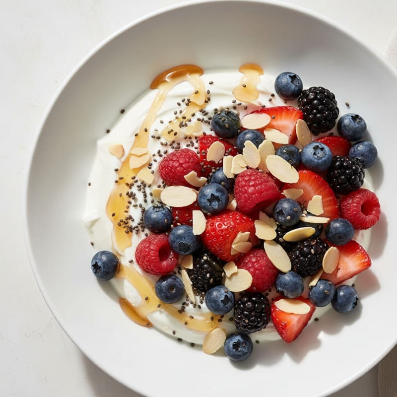 Berry Greek Yogurt Bowl with Sliced Almonds and Chia Seeds