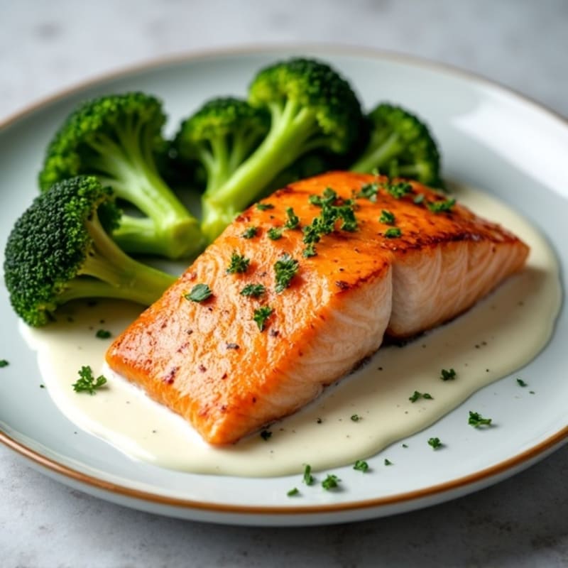 Seared Salmon with Roasted Broccoli and Lemon-Garlic Yogurt Sauce