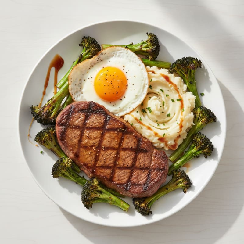 Pan-Seared Steak with Roasted Broccoli and Garlic Mash