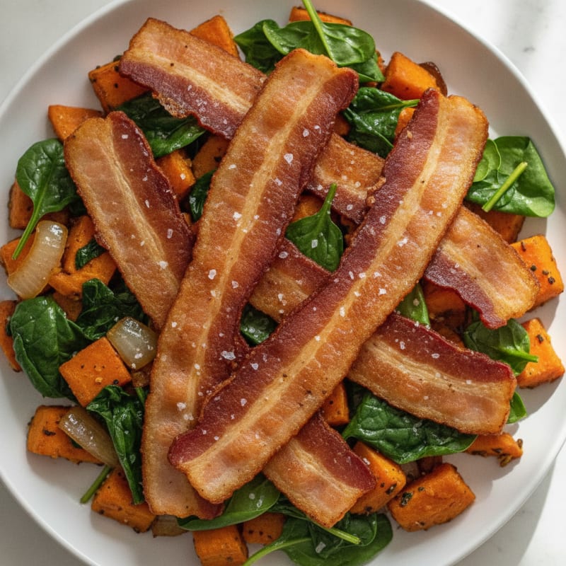 Crispy Turkey Bacon with Sweet Potato Hash and Spinach