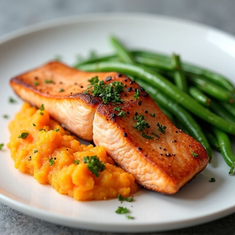 Seared Salmon with Steamed Green Beans and Sweet Potato Mash