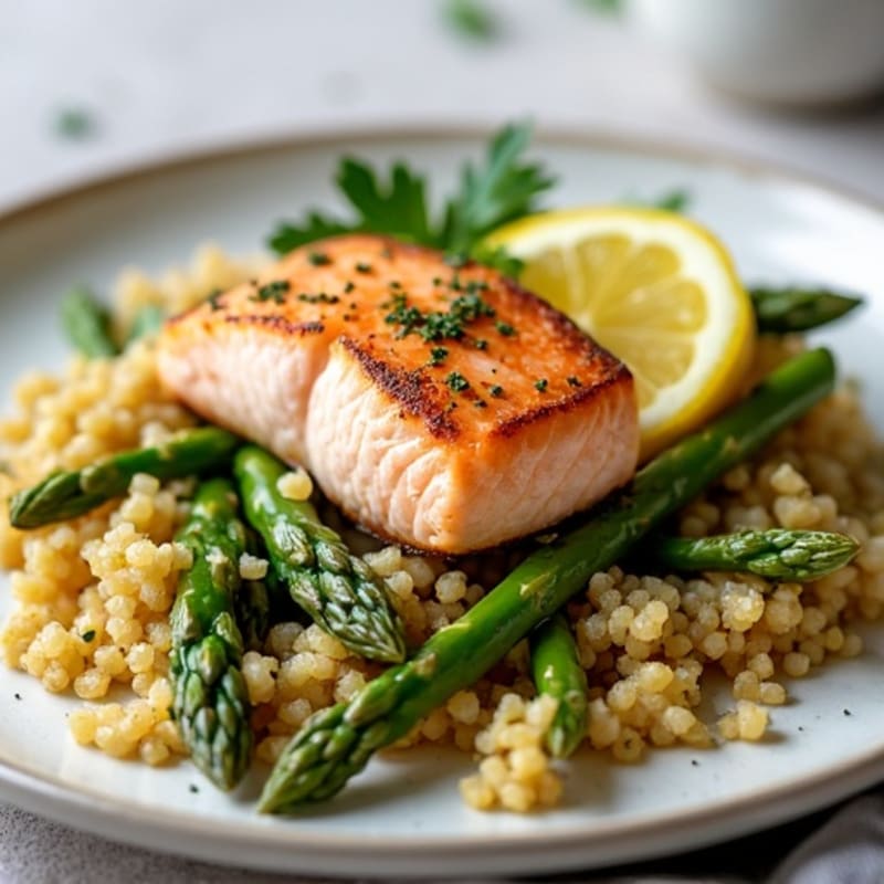 Flaky Salmon with Roasted Asparagus and Lemon-Herb Quinoa