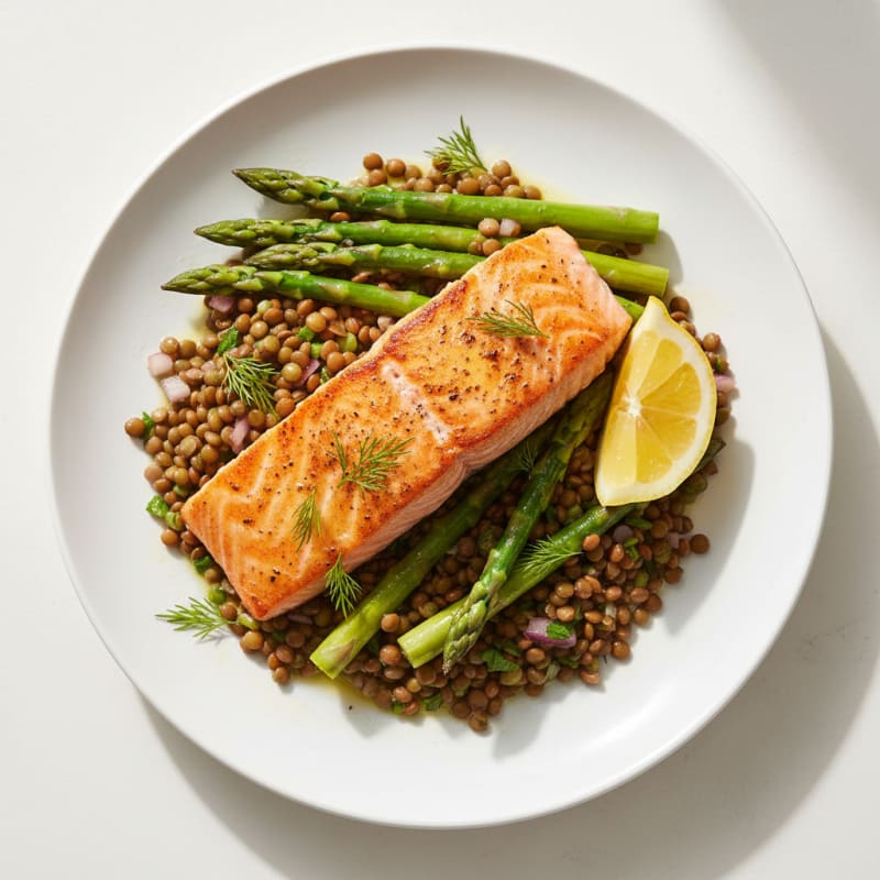 Seared Salmon with Steamed Asparagus and Lentil Salad