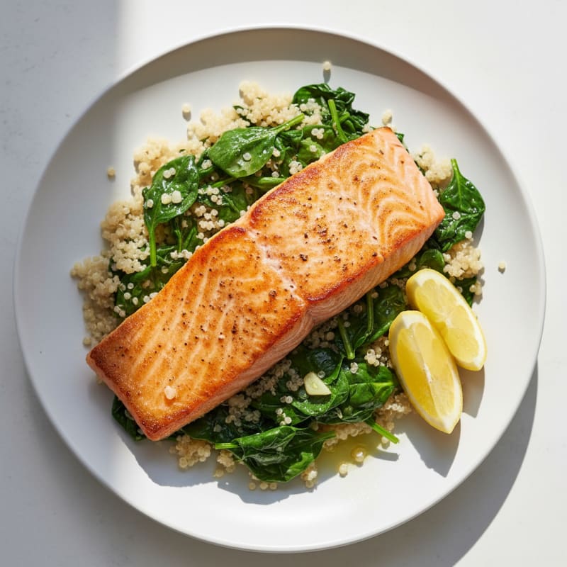Seared Salmon Filet with Garlic Sautéed Spinach and Quinoa