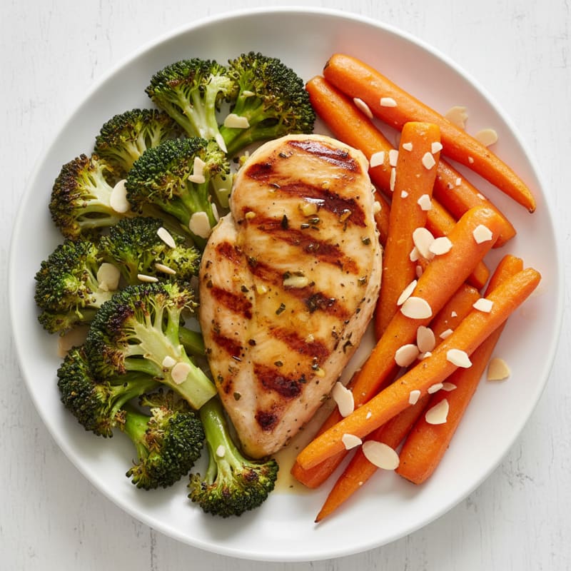 Grilled Chicken Breast with Roasted Broccoli and Carrot Sticks