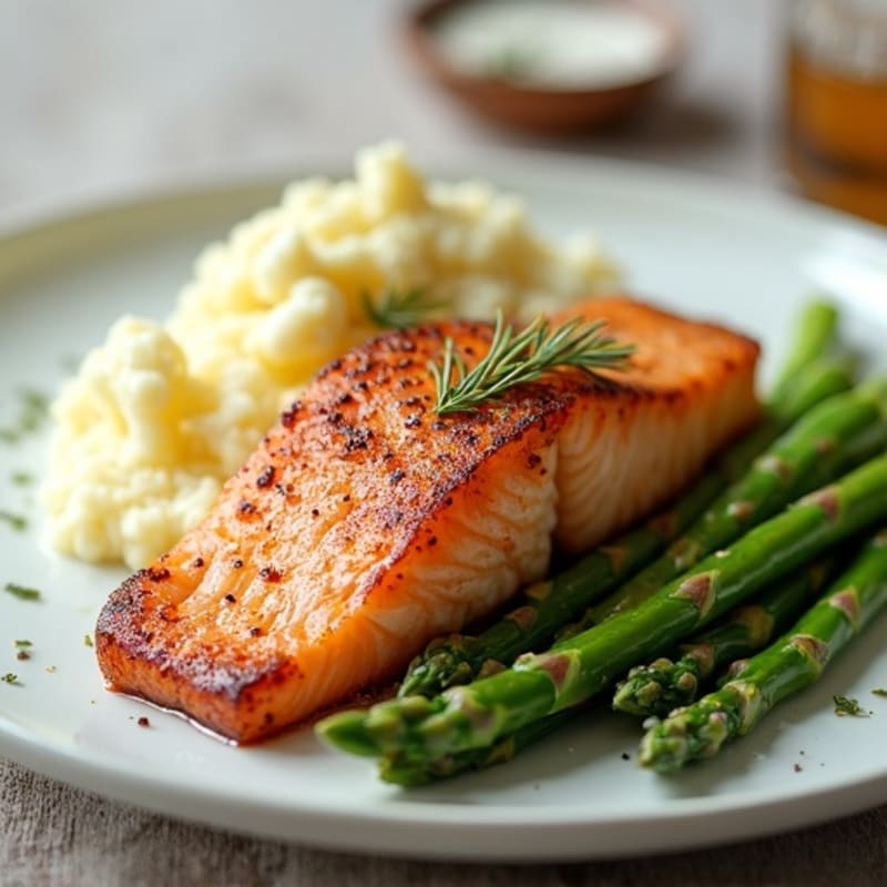 Seared Salmon Fillet with Steamed Asparagus and Cauliflower Mash