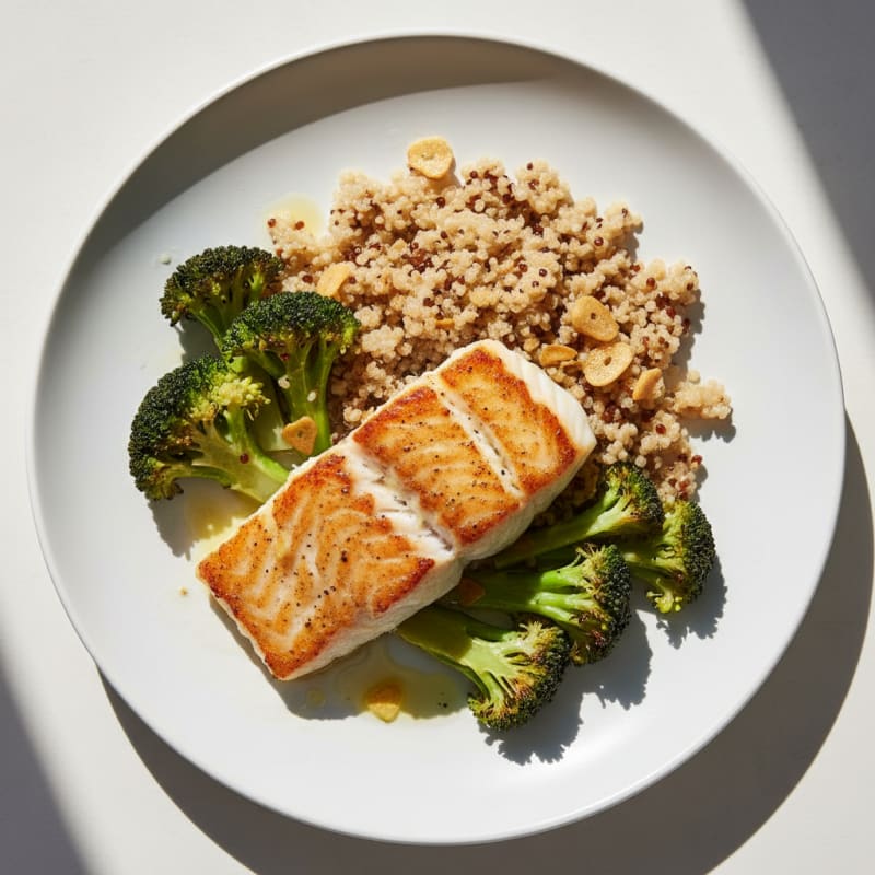 Seared White Fish with Roasted Broccoli and Quinoa