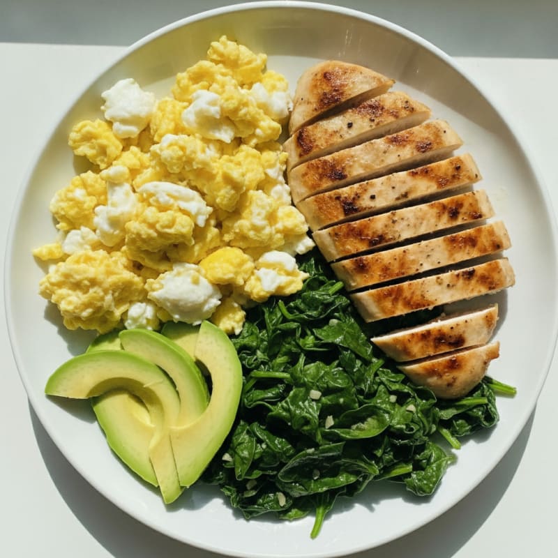 Scrambled Eggs with Sautéed Spinach and Grilled Chicken Breast