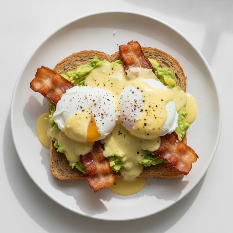 High-Protein Avocado and Bacon Eggs Benedict