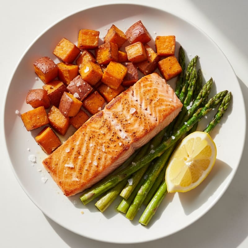 Seared Salmon with Roasted Sweet Potatoes and Asparagus