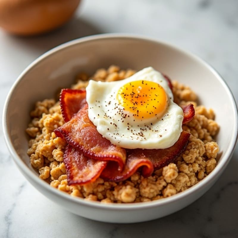 Protein-Packed Savory Oatmeal Bowl with Crispy Bacon and Soft-Poached Eggs