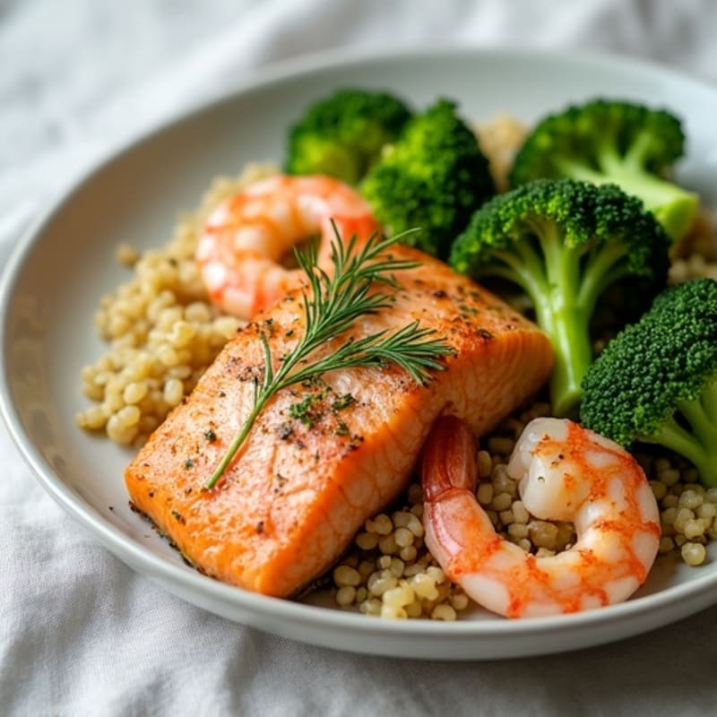 Herb-Roasted Salmon with Steamed Broccoli, Shrimp & a Touch of Quinoa