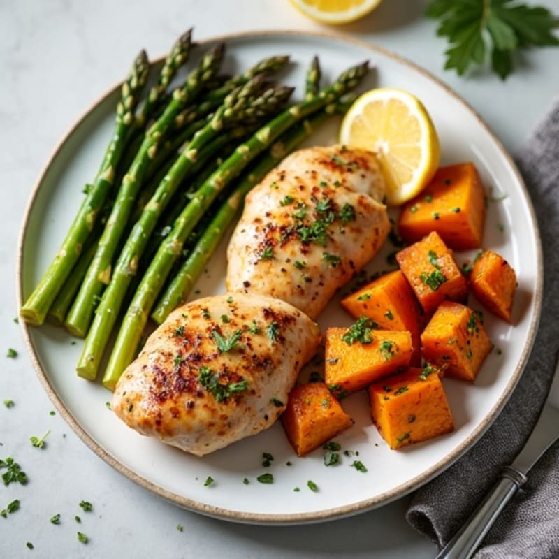 Sheet Pan Lemon Herb Roasted Chicken with Crispy Asparagus and Sweet Potatoes