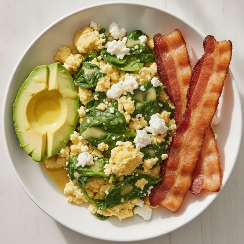 Cottage Cheese Scramble with Spinach and Turkey Bacon