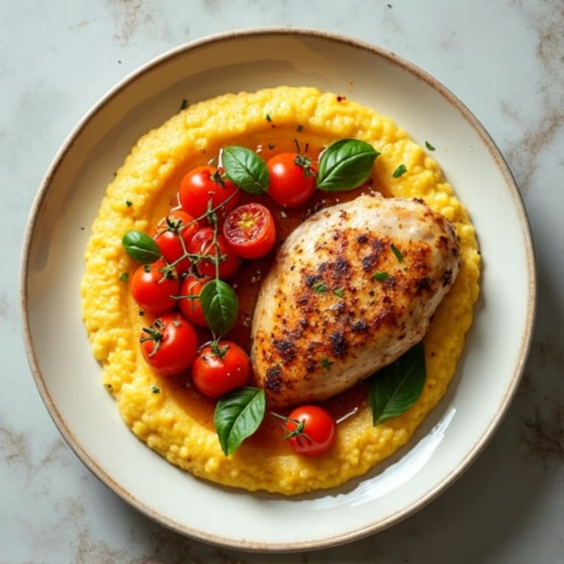 Creamy Polenta with Herb-Roasted Chicken and Blistered Tomatoes