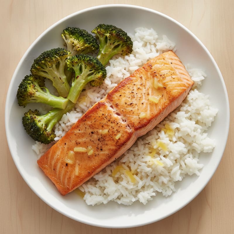 Seared Salmon with Jasmine Rice and Roasted Broccoli