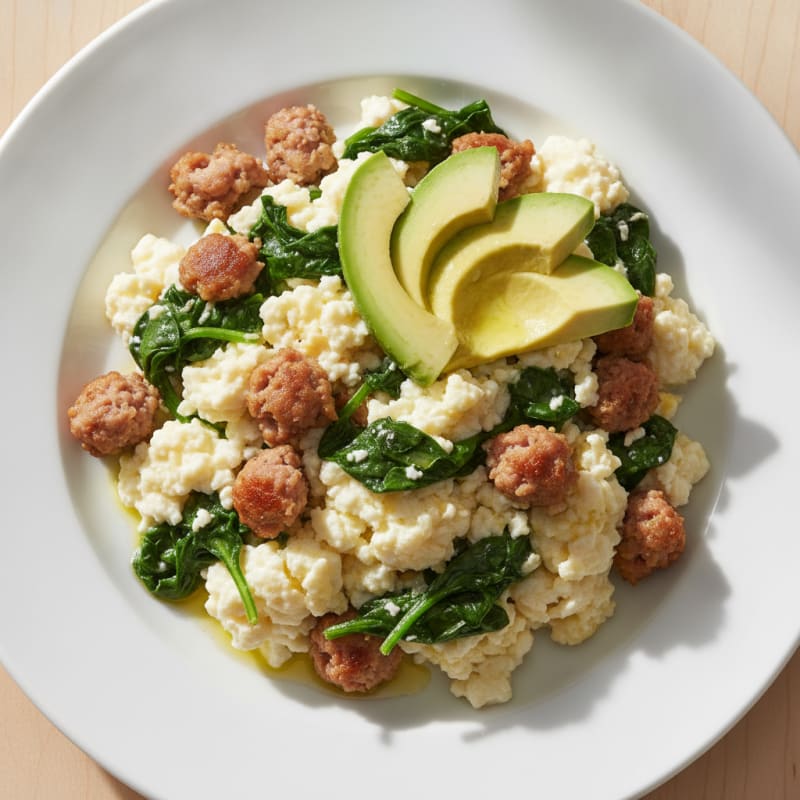 Egg White Scramble with Turkey Sausage and Sautéed Spinach