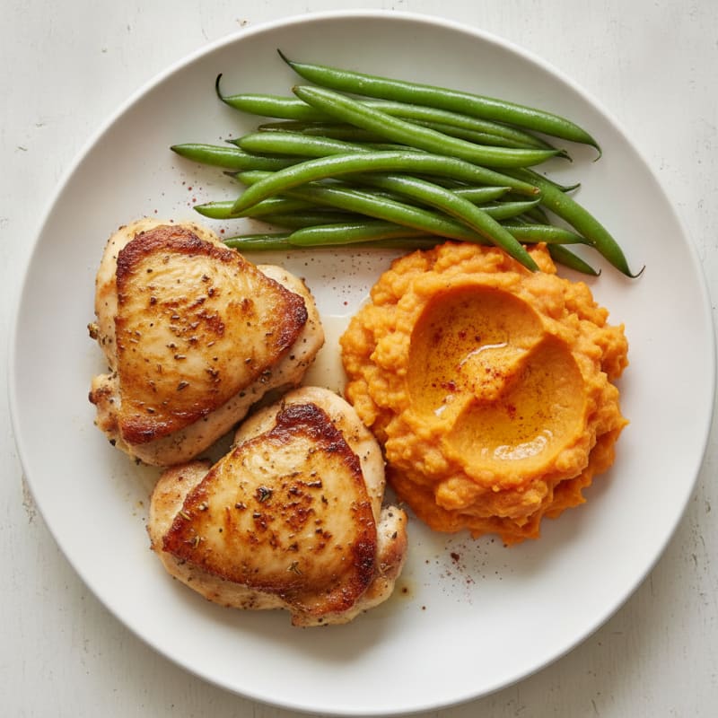 Seared Chicken Thighs with Steamed Green Beans and Sweet Potato Mash