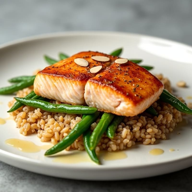Seared Salmon Fillet with Brown Rice and Garlic Green Beans