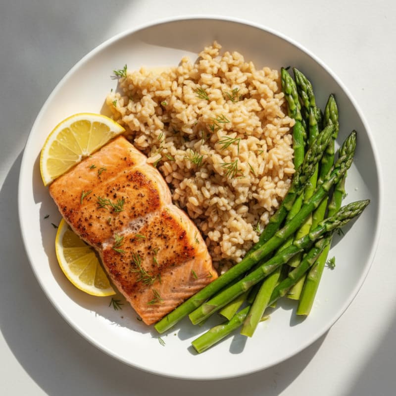 Seared Salmon with Steamed Asparagus and Brown Rice