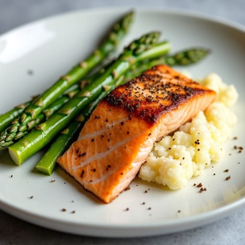 Pan-Seared Salmon with Steamed Asparagus and Cauliflower Mash