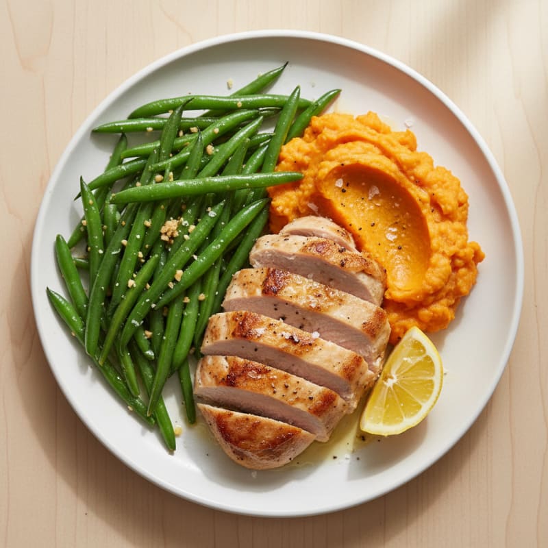 Seared Turkey Breast with Garlic Green Beans and Sweet Potato Mash