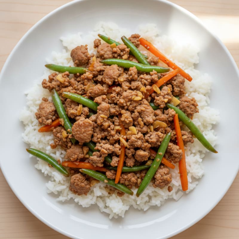 Ground Chuck and Mixed Vegetable Stir Fry with Jasmine Rice