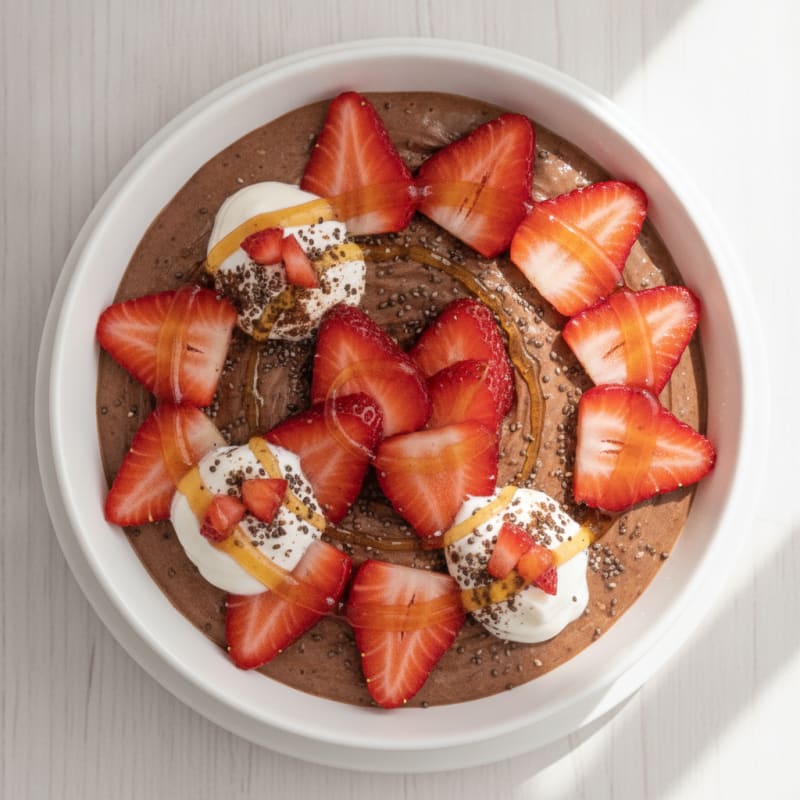 Chocolate Protein Pudding with Sliced Strawberries