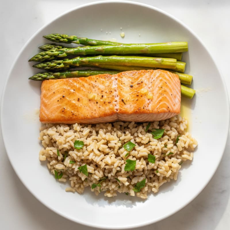 Seared Salmon Fillet with Steamed Asparagus and Herbed Brown Rice