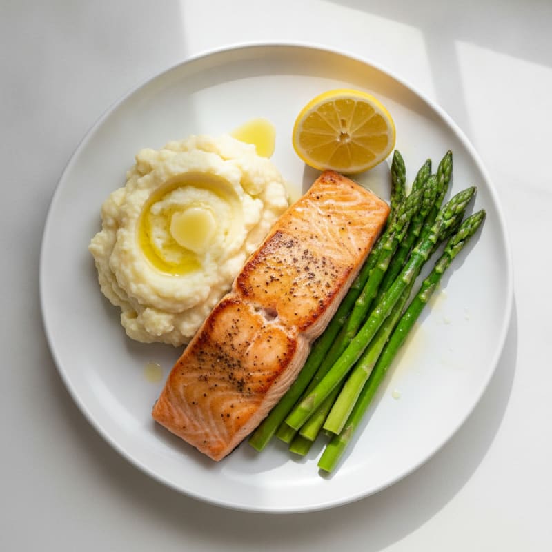 Seared Salmon with Steamed Asparagus and Garlic Mashed Cauliflower