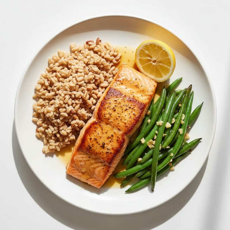 Seared Salmon with Garlic Green Beans and Brown Rice