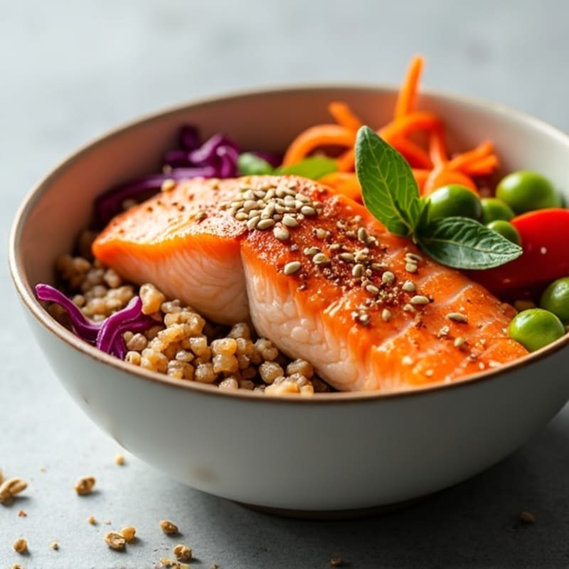 Fresh Salmon Bowl with Crunchy Vegetables and Sesame Ginger Dressing