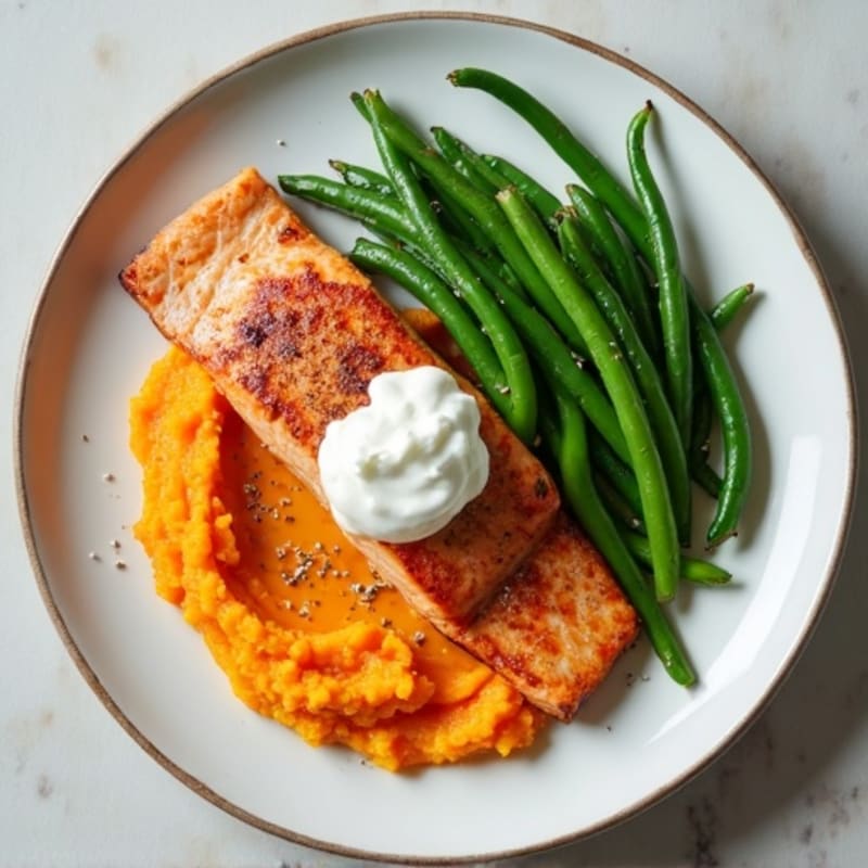 Seared Salmon Fillet with Steamed Green Beans and Sweet Potato Mash