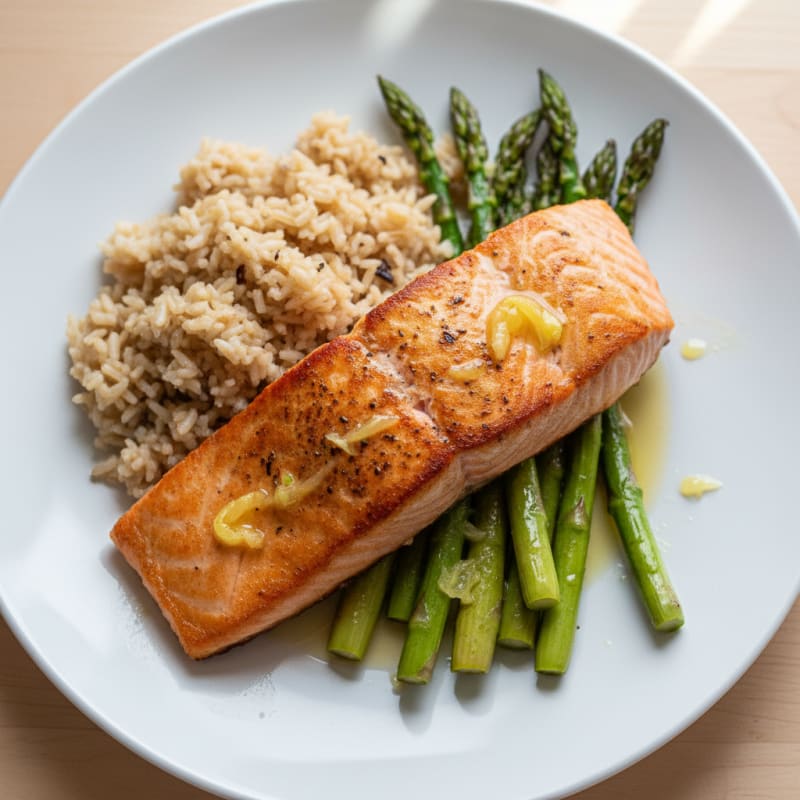 Seared Salmon Fillet with Roasted Asparagus and Brown Rice